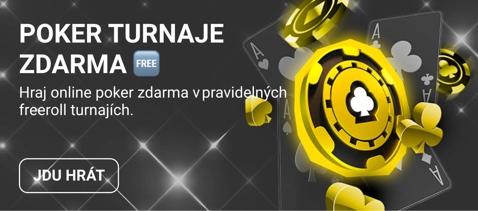 Poker turnaje zdarma – online freeroll turnaje Reklamní banner s nápisem Poker turnaje zdarma, zlatý pokerový žeton a hrací karty se symboly es, propagace freeroll turnajů